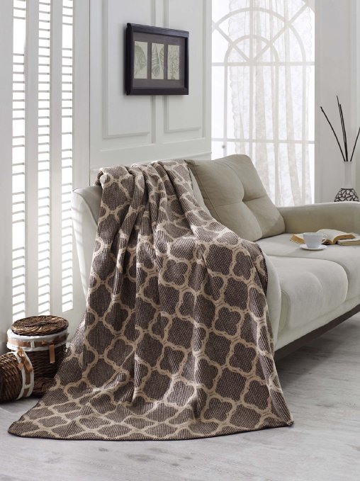 Bed Blankets , Bedspread, Plush Cotton Throw , Soft Cotton Cozy Blanket Imported From Europe Waffle Brown Trellis 50"x65'' Fleece Blanket