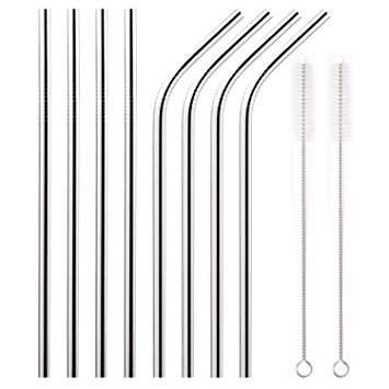 Set of 8 Stainless Steel Metal Straws FDA-Approved 8.5'' Reusable Drinking Straws For 20oz Tumblers Yeti 6mm Diameter(4 Straight   4 Bent   2 Brushes)