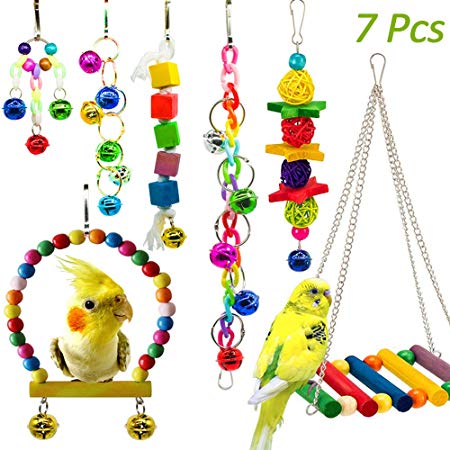 Hatisan 7 Pack Bird Parrot Toys, Colorful Bird Chewing Toys Swing Toy Hanging Toy Bird Cage Toys Small Parakeets Cockatiels, Conures, Macaws, Parrots, Love Birds, Finches