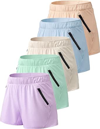 5 Pack: Womens Workout Gym Shorts Casual Lounge Set, Ladies Active Athletic Apparel with Zipper Pockets