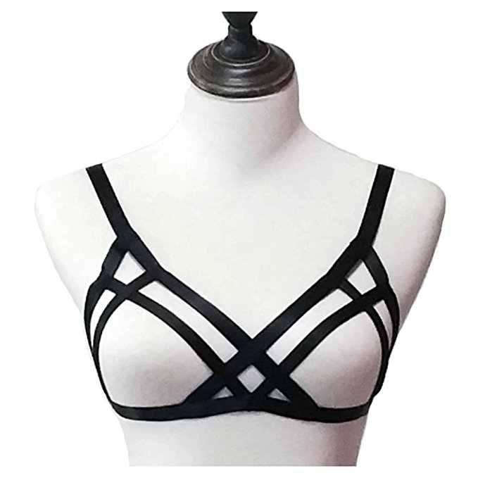 Jelinda Women Harness Elastic Cupless Cage Bra Hollow Out Strappy Crop Top
