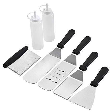 Wanbasion GP-81007 7 Pieces Professional Grill Griddle Accessories Scraper BBQ Tool Kit - Heavy Duty Stainless Steel Spatula Turner Set - Great for Flat Top Cooking Camping Tailgating