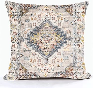 Snycler Boho Style Throw Pillow Cover Ethnic Design Pattern Linen Persian Carpet Tribal Pattern Throw Pillow Case Cushion Cover Home Office Decorative Square 18x18 inch