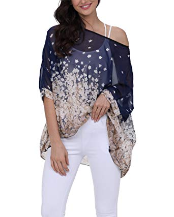 Vanbuy Women Summer Floral Printed Batwing Sleeve Top Chiffon Poncho Casual Loose Blouse