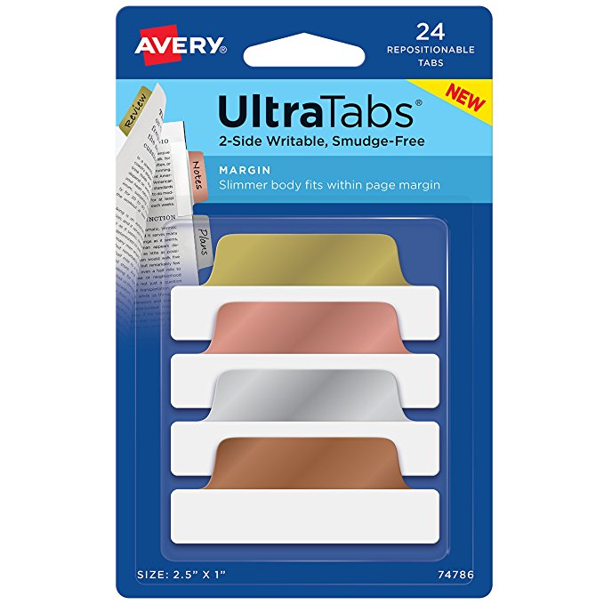 Avery Ultra Tabs Repositionable Margin Tabs, Two-Side Writable, 2-1/2" x 1", Metallics, 24 Tabs (74786)