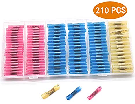 Heat Shrink Butt Connectors, 210PCS Waterproof Electrical Wire Connectors Butt Terminals Kit by A AULIFE - 3 Size,3 Color