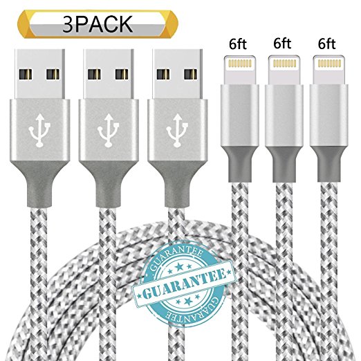DANTENG Lightning Cable 3Pack 6FT Nylon Braided Certified iPhone Cable USB Cord Charging Charger for Apple iPhone X, 8, 7, 7 Plus, 6, 6s, 6 , 5, 5c, 5s, SE, iPad, iPod Nano, iPod Touch (GreyWhite)