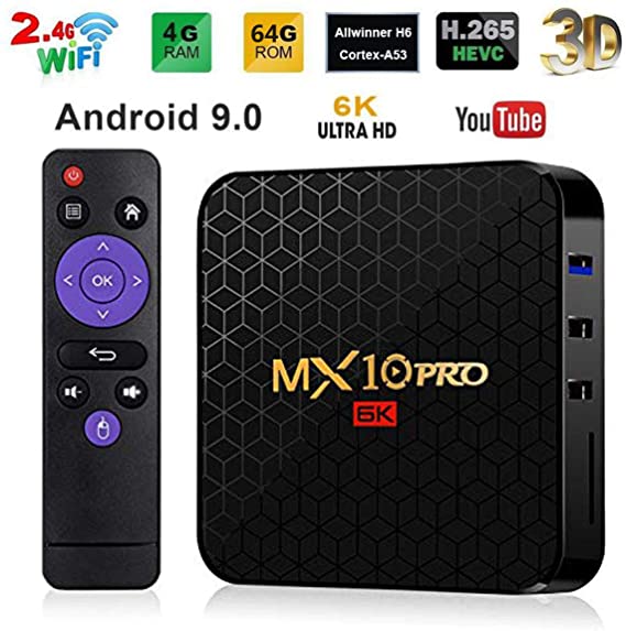 MX10 PRO Smart TV Box Android 9.0 Allwinner H6 UHD 4K Media Player 6K Image Decoding 4GB / 64GB 2.4G WiFi 100M LAN USB3.0 H.265 VP9