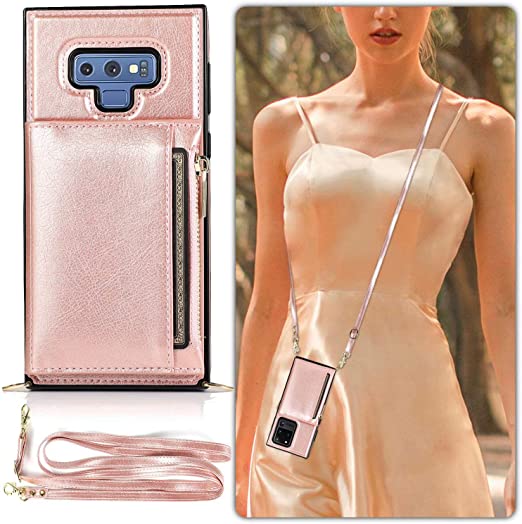 Ranyi Galaxy Note 9 Case, Women Girl Detachable Crossbody Strap Lanyard Wallet Case with Card Holder Slots Kickstand Feature Protection Zipper Wallet Purse Case for Samsung Galaxy Note 9 -Rose Gold