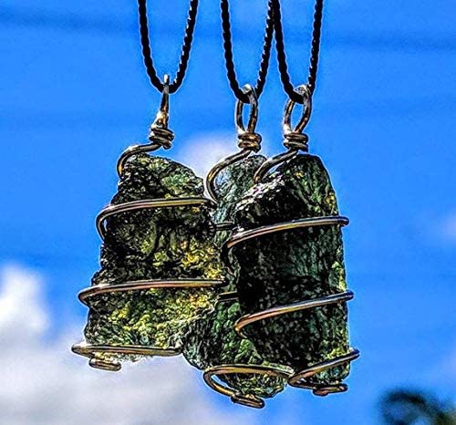 MOLDAVITE Necklace in Gold! 12 Kt 19" Necklace Genuine Czech Tektite Pendant Synergy 12 Chakra Crystal Metaphysical Jewelry Alien Meteorite Wire Wrap.