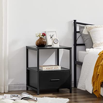 VECELO Nightstand with Drawer and Open Shelf Modern Square End Side Table for Storage in Bedroom, Living Room, Small Space, Stable Metal Frame, 1 Pack, Black