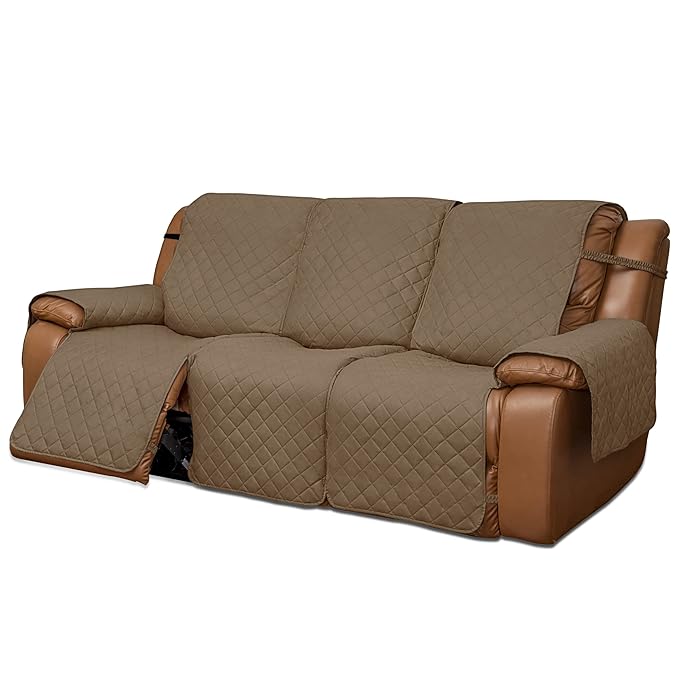 Easy-Going Oversized Recliner Sofa Cover, Reversible Couch Cover for 3 Seat Recliner, Split Sofa Cover for Each Seat with Elastic Straps for Kids, Dogs, Pets (3 Seater, Camel/Camel)