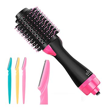 Hot Air Brush, One Step 3-in-1 Hair Dryer & Styler & Volumizer Multi-functional Straightening & Curly Hair Brush with Negative Ions,Fast Drying,for Home and Salon Styling with 3 pcs Eyebrow Razors