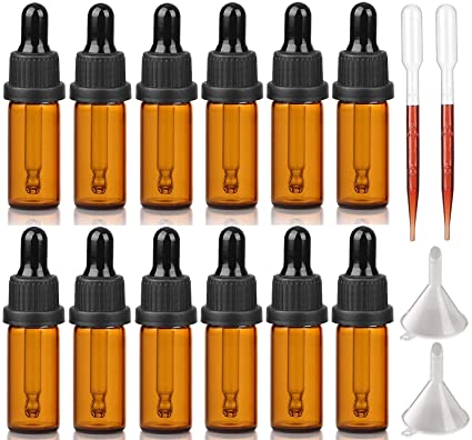 Amber Glass Dropper Bottle with Glass Pipette, Glass Eye Dropper Bottles Refillable for Essential Oil Aromatherapy Blends (12Pack-5ml)