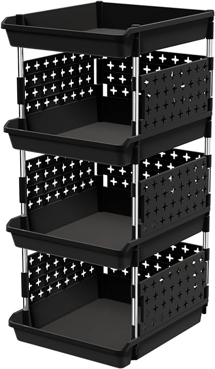 Lifewit Stackable Storage Bins 4 Tier Stackable Baskets for Closet, Playroom, Kitchen, Food, and Pantry Organization, Large Capacity Stackable Storage Containers Shelves 13.8 x 11.8 x 28.3 inch Black