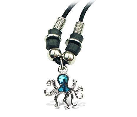 Puzzled Blue & Silver Aqua Octopus Necklace, 19 Inch Fashionable & Elegant Wild Style Chain Jewelry with Genuine New Zealand Paua Shell Pendant Ocean Marine Life Themed Unisex Fashion Neck Accessory