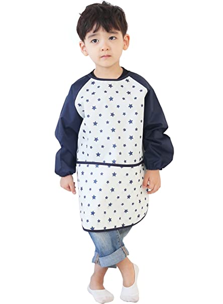 Plie Kids Art Smocks, Children Waterproof Artist Painting Aprons Long Sleeve with Pockets, Navy Star (14-L)