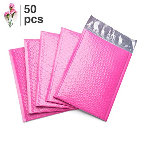 Fu Global 50pcs 6x10 inches Pink Poly Bubble Mailer #0 Self Seal Padded Envelopes (Useful Size 6x9)