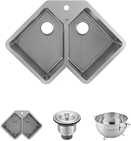 DAX Handmade Corner Double Bowl Undermount Kitchen Sink, 16 Gauge Stainless Steel, Brushed Finish, 32-3/4 x 22-3/4 x 10 Inches (DAX-347)