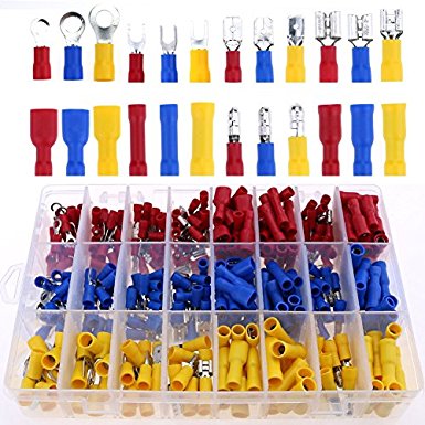 Glarks 360pcs 22-16 / 16-14 / 12-10 Gauge Mixed Quick Disconnect Electrical Insulated Butt Bullet Spade Fork Ring Crimp Terminals Connectors Assortment Kit