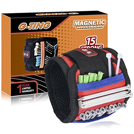 Magnetic Wristband, G-TING Adjustable Super Magnetic Wrist Band With 15 Strong Magnets for Holding Screws,Nails,Drill Bits Holding Tools,Bolts and Other Small Metal Tools.Unique Tool Gift for DIY(Red)