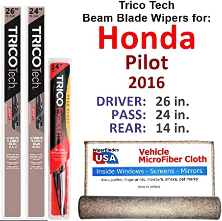 Beam Wiper Blades for 2016 Honda Pilot Driver/Passenger/Rear Trico Tech Beam Blades Wipers Set Bundled with MicroFiber Interior Car Cloth