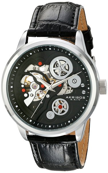 Akribos XXIV Men's AK538BK Mechanical Stainless Steel Skeleton Watch with Black Leather Band