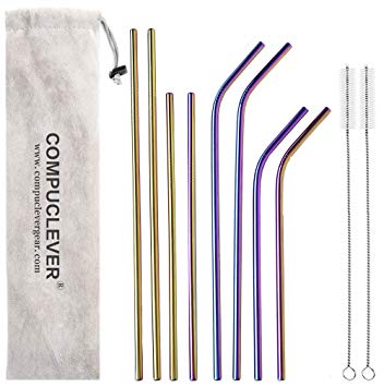 Set of 8 Multicolored Stainless Steel Straws Colorful Reusable Drinking Straws for 30oz 20oz Tumbler 10.5” 8.5” Diameter 0.24” with 2 Cleaning Brushes and Pouch 4 Bent 4 Straight (Colorful Set of 8)