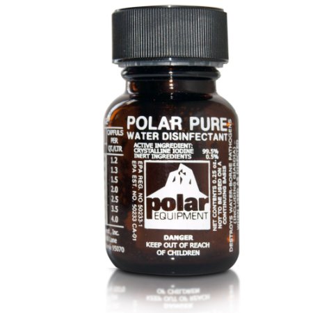 Polar Pure Iodine Camping Water Filter Purifier Sterilizes 2,000 Quarts to Kill All Living Bacteria and Viruses for Emergency Kit Camping Hiking Small Lightweight Design and Indefinite Shelf Life Best Camping Chemical Water Treatment Used By Expert Campers and Backpacker As Their Primary Source for Water Disinfectant Essential Water Gear for Bug Out Bags and Survivalist Water Preparation Higher Purification Than Camping Filter Straws and Backpacking Water Tablets