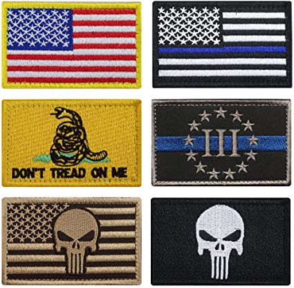 Bundle 6 Pieces Full Color USA American Thin Blue Line Police Flag Three Percenter Tactical Don't Tread On Me Fully Embroidered Morale Tags Patch