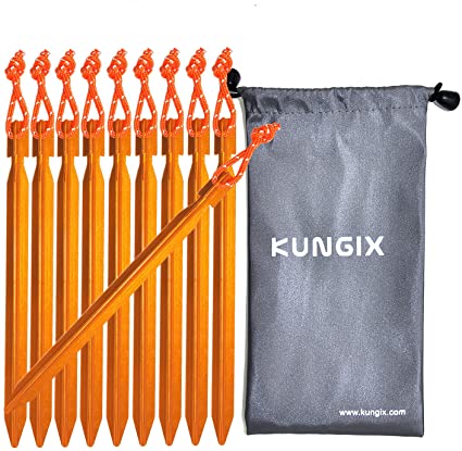 KUNGIX Tent Stakes Pegs 7" Aluminium Alloy with Reflective Rope 10-Piece