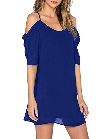 ZANZEA Women Cold Shoulder Short Sleeve Spaghetti Strap Mini Dress Casual