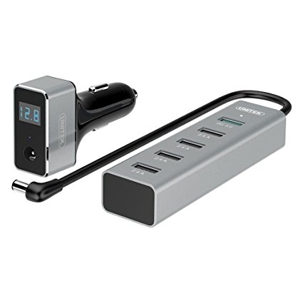 Quick Charge 2.0 Car Charger   5-Port USB Hub, UNITEK 60W USB Aluminum Smart Car Charger (1-Port QC2.0   4-Port 2.4A), With LED Display Voltage Meter and USB Extension Hub