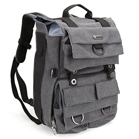 Evecase Large Vintage Canvas DSLR Camera Backpack w/Laptop Compartment and Rain Cover-Grey for Canon, Nikon, Sony, Fujifilm, Panasonic, Pentax, Samsung, Olympus and More