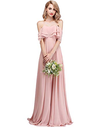 CLOTHKNOW Strapless Chiffon Bridesmaid Dresses Long with Shoulder Ruffles for Women Girls to Wedding Party Gowns