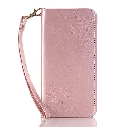 Samsung Galaxy S7 Edge Case, Dfly Invisible Strong Magnetic Buckle Style Fancy PU Leather with Embossing Rose and Butterfly Pattern Automatic Adsorption Function Folio Flip Standing Wallet Case for Samsung Galaxy S7 Edge, Rose Gold