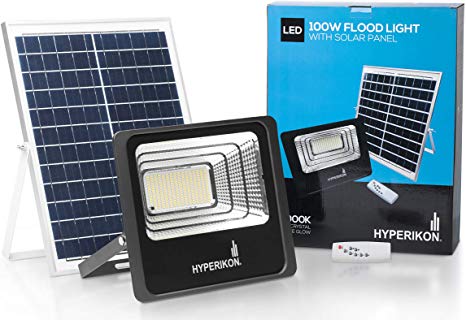 Hyperikon Solar Flood Light LED 100W, Outdoor Security Lighting Fixture 180 LED Chips 5000k, Remote Control, Light Sensor, IP65