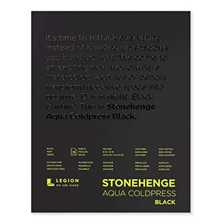 Legion Stonehenge Aqua Watercolor Pad, 140lb, Cold Press, 8 by 10 Inches, Black Paper, 15 Sheets (L21-SQC140BK810)