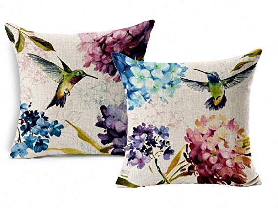 E-sunshine Cotton Blend Linen Square Throw Pillow Cover Decorative Cushion Case Pillow Case 18 X 18 Inches / 45 X 45 Cm, Hummingbird and Flower (001&002)