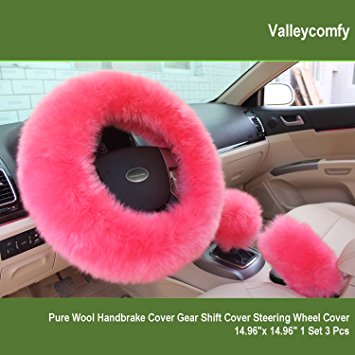 Valleycomfy Fashion Steering Wheel Covers for Women/Girls/Ladies Australia Pure Wool 15 Inch 1 Set 3 Pcs, Pink