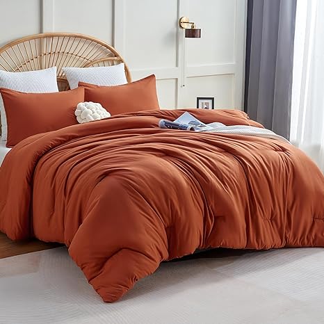 CozyLux Terracotta Bohemian Microfiber Comforter Set, Queen, 3 Pieces, Solid Burnt Orange, Breathable Quilted Style, Rust Luxury Fluffy Soft Microfiber Fill, All Season