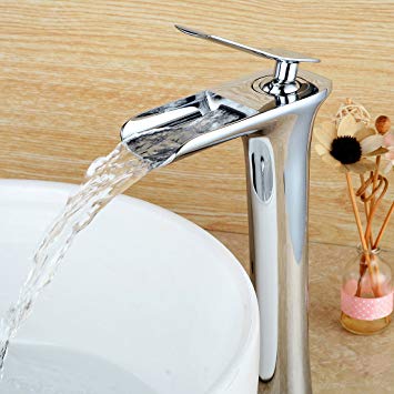 Fapully Bathroom sink Faucet Chrome Single Handle Waterfall Vanity Touch On Vessel Sink Mixer Water Tap Lead Free
