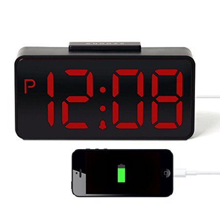 HITO USB Powered Large Display 3" LED Alarm Clock w/ Hi-Low Alarm Volume, USB Charging- AC Adapter included