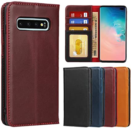 Samsung Galaxy S10 Plus Genuine Leather case, Sailortech Premium Genuine Wallet Flip Folio Case Shockproof Protective Cover with Card Holders and Kickstand & Magnetic for Galaxy s10  (6.4")-Wine Red