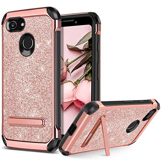 Google Pixel 3 Case, BENTOBEN Kickstand Design Slim 2 in 1 Heavy Duty Shockproof Hybrid Soft TPU Bumper Hard PC Cover with Bling Sparkly Glitter PU Faux Leather Protective Phone Cover, Rose Gold