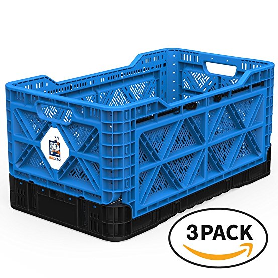 BIGANT Heavy Duty Collapsible & Stackable Plastic Milk Crate - IP734235, 23.8 Gallons, Large Size, Blue, Set of 3, Absolute Snap Lock Foldable Industrial Storage Bin Container Utility Tote Basket