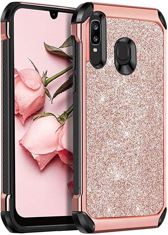 BENTOBEN Samsung A50 Case, Galaxy A50 Case, Samsung A30 Case, Galaxy A20 Case, 2 in 1 Hybrid Glitter Sparkle Bling Slim Fit Hard PC Soft TPU Rubber Bumper Girls Rugged Shockproof Full Body Protective Phone Case for Samsung Galaxy A50/A30/A20 Rose Gold