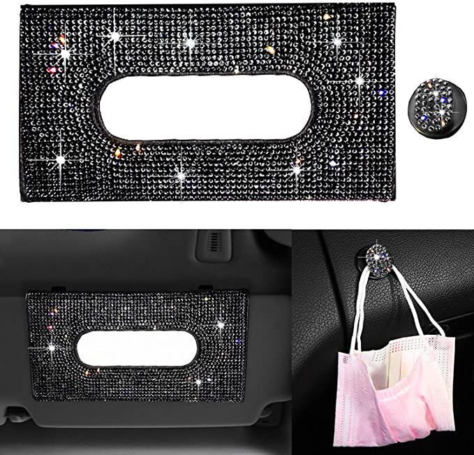 Dyshuai Sparkling Bling Car Visor Tissue Holder Mask Holder Tissue Box PU Leather Crystals Tissue Case for Women Gilrs with Glitter Hook Clip Bling Car Accessories (Black with Black Diamond)
