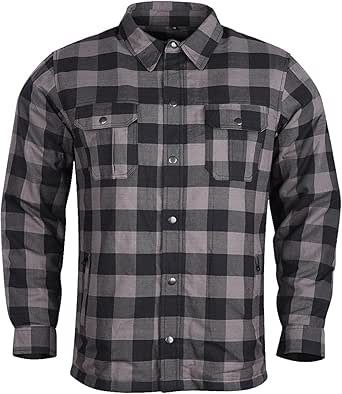 Mens Armored Checkered Flannel Biker Shirt, Multiple Waterproof Storage Pockets CE Approved Armor Reinforced Water Resistant