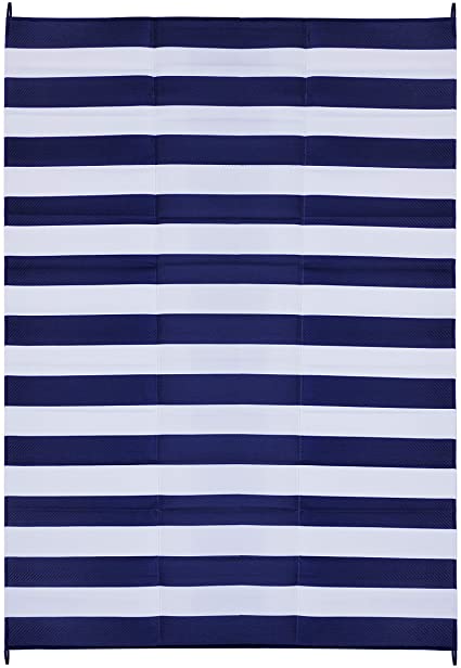 FH Home Indoor/Outdoor Recycled Plastic Floor Mat/Rug – RV Camping Rugs, Great for Beach, Camping Trips, Picnics – Lightweight - Brittany Stripe - Blue & White (9 ft x 12 ft) - Foldable